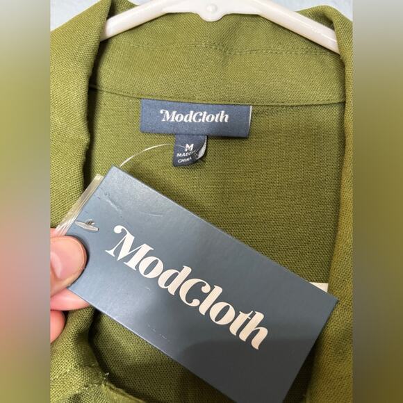 Modcloth NWT Avocado Green Linen Blend 60s Retro Button Up Pocket Shift Dress M - Picture 5 of 6